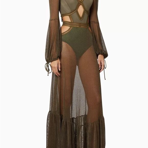 PATBO Cutout Mesh & Stretch Netted Jersey Maxi Dress. Army Green. Worn Once. XS. - Picture 3 of 7